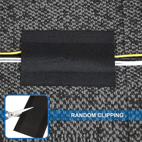 4 Inch By 30 Feet Floor Cord Cover For Carpet Black Cable Protector installed on carpet with inset of cutting detail