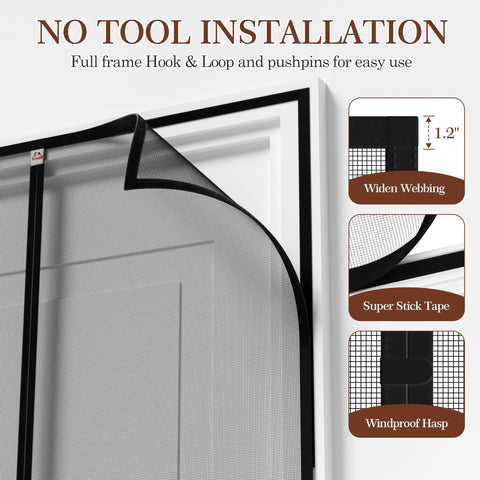 Magnetic Screen Door For 74x80 Inch Doors, 76x81 Inch High Density Fiberglass Mesh, Ultra Strong Magnets With Windproof Hasp shown installed