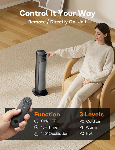 Person using Indoor And Outdoor 1500W Tower Heater And Fan Combo with Remote Instant Infrared Heat in a living room