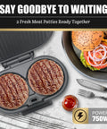 FineMade Double Mini Grill Maker cooking two meat patties, compact electric design perfect for quick lunch and snacks.