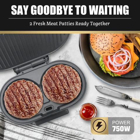 FineMade Double Mini Grill Maker cooking two meat patties, compact electric design perfect for quick lunch and snacks.