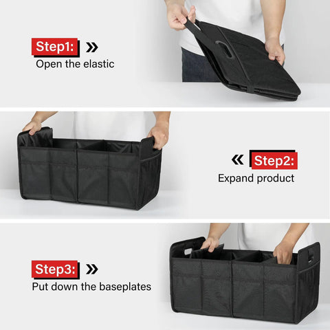 Road Trip Ready Trunk Organizer for Car and SUV, Two Compartment Collapsible 50L Storage Box, setup steps shown.