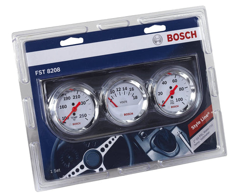 Front view of Bosch SP0F000046 Style Line 2-inch triple gauge kit; white dial faces, chrome bezels