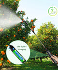 Cordless 1.35 Gallon Battery Powered Sprayer For Lawn And Garden With No Fuss Self Priming Pump used in orange orchard, showing spray