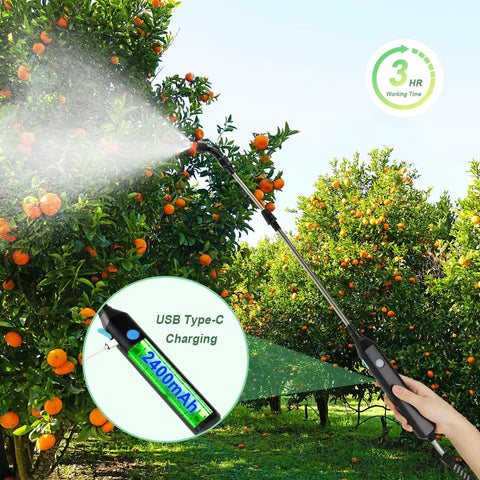 Cordless 1.35 Gallon Battery Powered Sprayer For Lawn And Garden With No Fuss Self Priming Pump used in orange orchard, showing spray