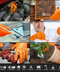 Premium 8 Mil Orange Nitrile Work Gloves Engineered With Diamond Texture For Rock Solid Grip And Top Shield Protection used in various tasks like painting and cooking.