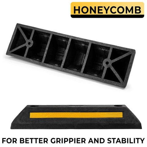 Heavy Duty Rubber Parking Guide Set For Home Garage Two Pack Tough Car Wheel Stopper With Reflective Yellow Tape, bottom view