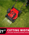 EasyCut 21 Inch Gas Lawn Mower With 144cc 4 Stroke OHV Engine on green lawn with 21-inch cutting width label