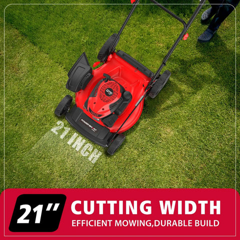 EasyCut 21 Inch Gas Lawn Mower With 144cc 4 Stroke OHV Engine on green lawn with 21-inch cutting width label