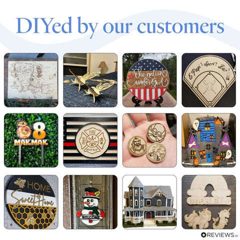 Baltic birch plywood wood crafts collage with 12 decorative cutouts; REVIEWS.io watermark.