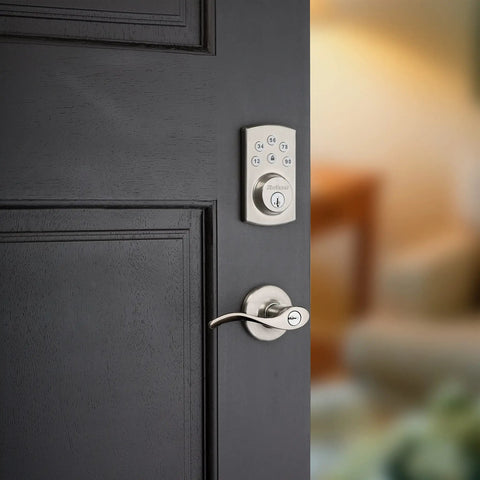 Powerbolt 907 Keyless Entry Deadbolt Electronic Door Lock With 6 Button Keypad Auto Locking On Black Door, Satin Nickel Finish