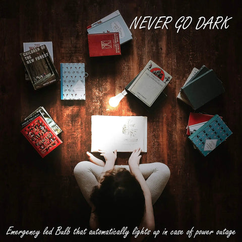 Person reading in dark with 9W Warm White LED Emergency Light Bulb With Battery Backup 850 Lumens 120V AC 4 Pack Auto On When Blackouts Hit