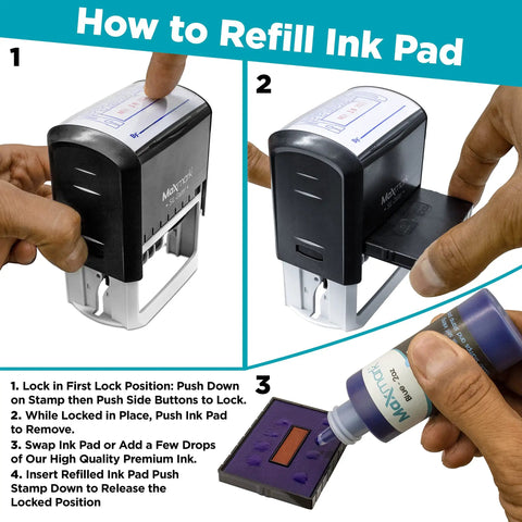 How to refill ink pad for Workhorse Large Self Inking Rubber Date Office Stamp with clear visual steps and ink application.