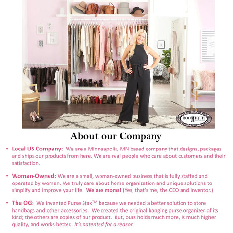 Woman in black jumpsuit standing in front of closet with Over Door Purses Hanger Organizer With 360 Rotation Heavy Duty Chrome Bag Holder