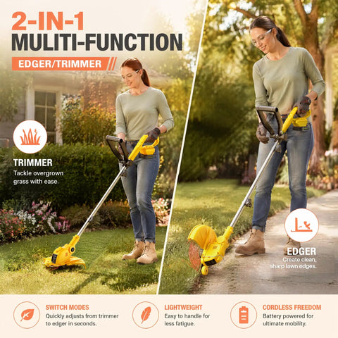 Person using 21V Cordless Weed Wacker 12 Inch Trimmer With Auto Line Feed Battery Powered Weed Eater for trimming and edging