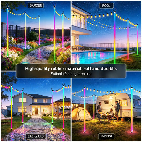 4 Pack Outdoor String Light Poles for Hanging String Lights With Clips and Holders in various outdoor settings