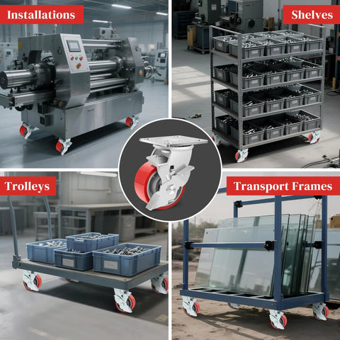 Heavy Duty 4 Inch Industrial Casters With Secure Rolling Brakes 3200 Lbs Capacity Polyurethane Treads on utility carts and equipment.