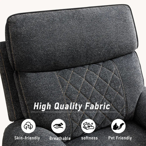 Close-up of electric power recliner chair with soft fabric upholstery overstuffed heavy duty sofa chair dark gray