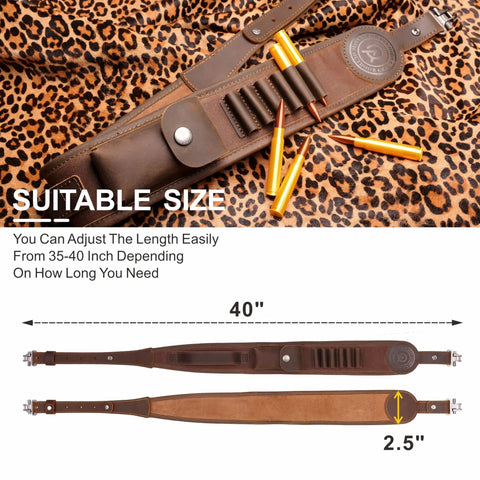 Rifle Sling With Two Point Eight Inch Wide Double Layer Crazy Horse Leather Ammo Holder Adjustable Replacement Gun Strap