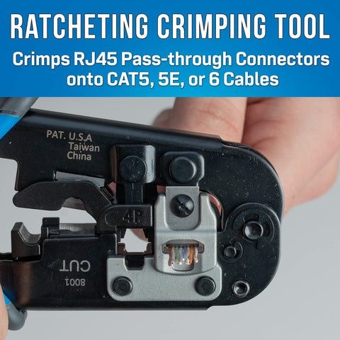 Close-up of ratcheting crimping tool for Worksite Ready VDV Installation Tool Kit For Cat5, Cat5e, And Cat6 Cabling.