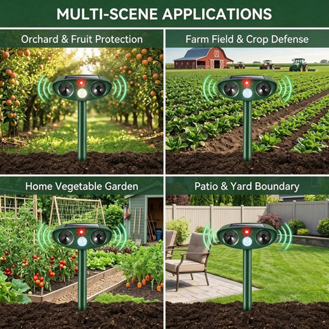 2 Pack Ultrasonic Deer Repellent With Motion Sensor For Garden And Yard in orchard, farm field, vegetable garden, and patio