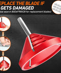 Front view of red 2-in-1 PVC deburring and chamfer tool with metal blade for pipes (OD 0.92–3.89 in).