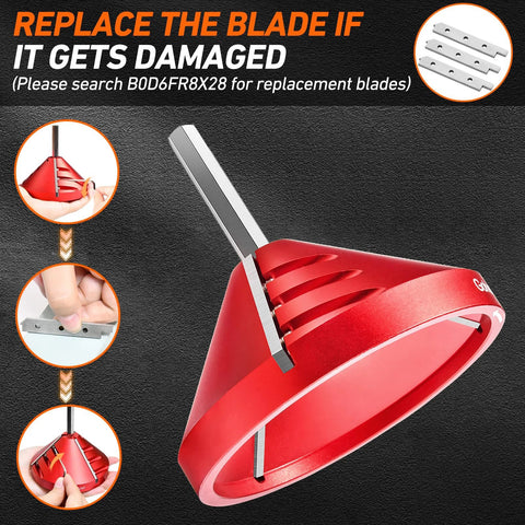 Front view of red 2-in-1 PVC deburring and chamfer tool with metal blade for pipes (OD 0.92–3.89 in).