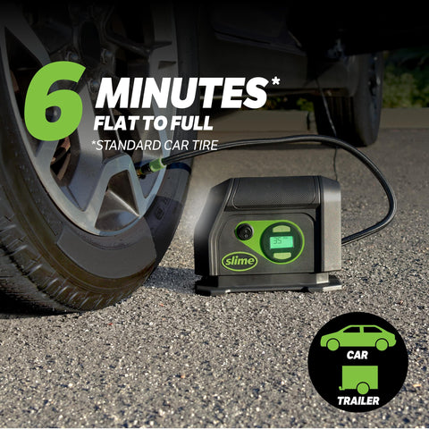 Portable 12V Tire Inflator With Auto Shutoff Digital 99 Psi Display inflating car tire on pavement