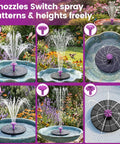 Solar Powered Fountain Pump For Bird Bath With Six Nozzles, Adjustable Spray Heights From 1.6 Inches To 20 Inches, displayed outdoors