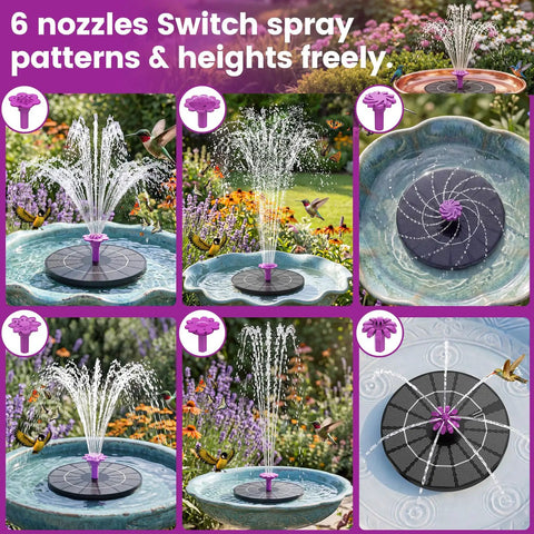 Solar Powered Fountain Pump For Bird Bath With Six Nozzles, Adjustable Spray Heights From 1.6 Inches To 20 Inches, displayed outdoors