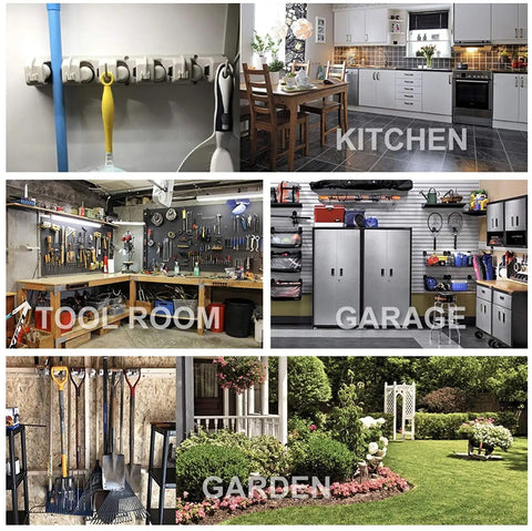Collage showing installed 2 Pack Wall Mounted Mop And Broom Holder Organizer With Five Ball Slots And Six Hooks For Cleaning Tools in various rooms such as kitchen, garage, tool room, and garden.