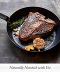 Budget-Friendly Carbon Steel Frying Pan 12 Inch Pre-Seasoned showing steak and garlic, induction ready oven safe for stovetop grilling