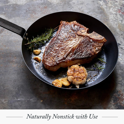 Budget-Friendly Carbon Steel Frying Pan 12 Inch Pre-Seasoned showing steak and garlic, induction ready oven safe for stovetop grilling