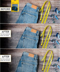 Denim Iron-On Patch Kit With 12 Patches In Three Blue Shades For Inside And Outside Glue Durable Repair For Jeans And Jackets Three Inch By Four And A Quarter Inch Easy DIY Embellishment To Patch Holes And Level Up Your Style. Jeans patch before and after, inside and outside repair