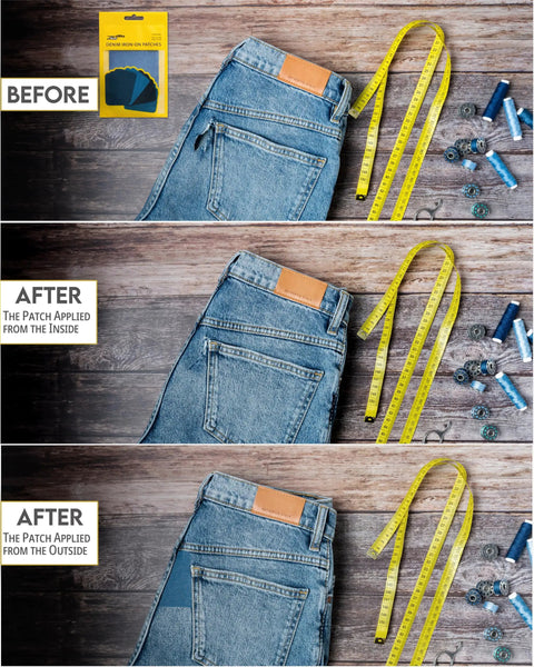 Denim Iron-On Patch Kit With 12 Patches In Three Blue Shades For Inside And Outside Glue Durable Repair For Jeans And Jackets Three Inch By Four And A Quarter Inch Easy DIY Embellishment To Patch Holes And Level Up Your Style. Jeans patch before and after, inside and outside repair
