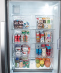 X Large Plastic Storage Bins With Lids For Kitchen Pantry Refrigerator Organization filled with groceries in refrigerator