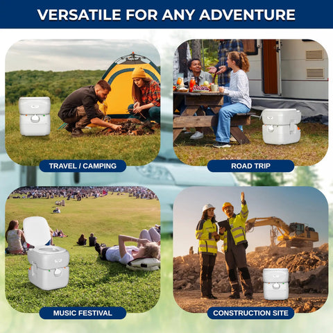 5.8 Gallon Portable Camp Toilet For Adults with Detachable Waste Tank displayed in various outdoor settings