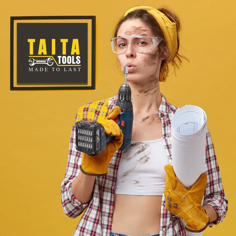 Person holding a drill and rolled plans with "Taita Tools Made to Last" logo.