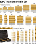 Pro Grade 230 Piece Titanium Twist Drill Bit Set with 135 Degree High Speed Steel Tips for Wood Cast Iron Aluminum Plastic in 19 sizes from 1mm to 10mm in heavy duty storage case.