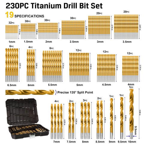 Pro Grade 230 Piece Titanium Twist Drill Bit Set with 135 Degree High Speed Steel Tips for Wood Cast Iron Aluminum Plastic in 19 sizes from 1mm to 10mm in heavy duty storage case.