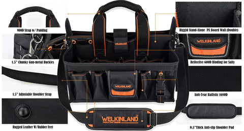Heavy Duty 19 Pocket Tool Tote For HVAC Technicians And Electricians, Rugged Organizer Bag With Socket Pockets, MOLLE Loops, Tape Clip