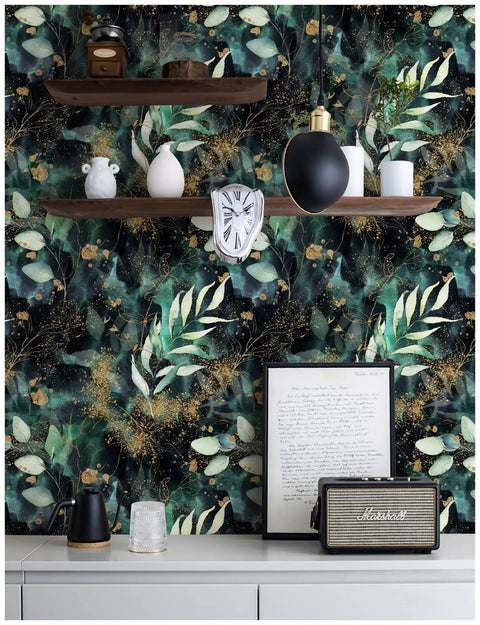 Peel And Stick Boho Forest Wallpaper Removable Mural In Black Green And Matte Gold Vinyl Self Adhesive 17.7 Inch By 9.8 Feet