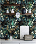 Peel And Stick Wallpaper Boho Forest Vintage Removable Self Adhesive Vinyl Mural in matte gold, green, black behind shelves.