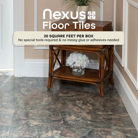 Self Adhesive 12 Inch Vinyl Floor Tiles 20 Tile Pack Peel And Stick Dark Slate Marble Pattern in room with table and flowers