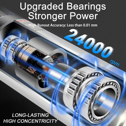 Beefy Water Cooled CNC Spindle Kit 0.8 kW 110V showing upgraded bearings, 24000 RPM capability, and high runout accuracy
