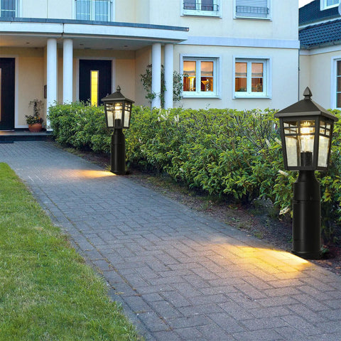 Dusk To Dawn Post Mount Outdoor Light Head With Seeded Glass illuminating a garden pathway at dusk, weather-resistant build