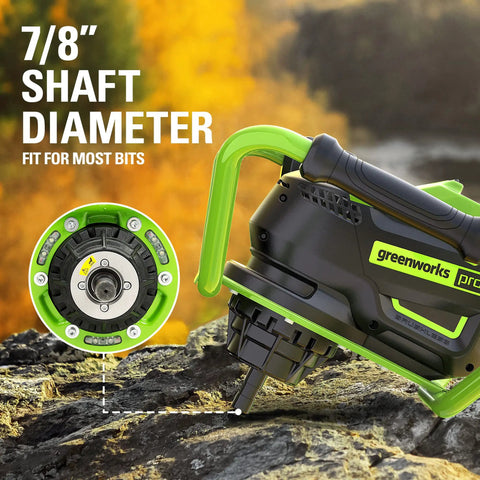 Close-up of 80V Brushless Earth Auger And Post Hole Digger With LED Work Lights showing 7/8" shaft diameter on rocky ground