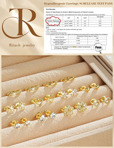 Gold Stud And Hoop Earring Set For Women With Eight Pairs Of Studs And Two Pairs Of Hoops, 14K Gold Plated CZ, Hypoallergenic Jewelry Gift, Dainty Flower And Heart Designs For Everyday Wear Or Night Out. Gold stud and hoop earrings on beige display with nickel release test pass.