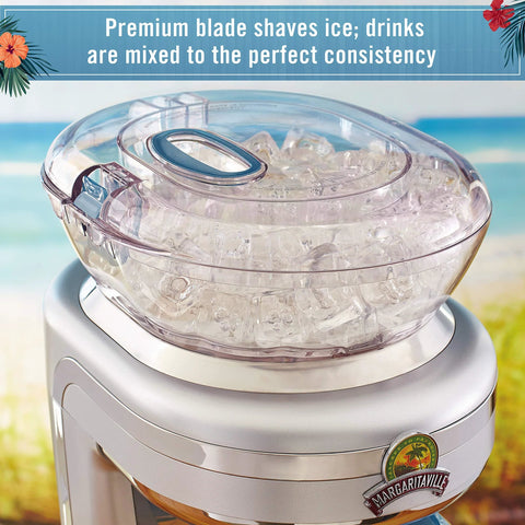 Front view of Margaritaville Key West Frozen Concoction Maker with Easy Pour jar and clear ice reservoir
