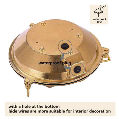 Nautical Brass Bulkhead Lampshade For Wall Light Industrial Sconce IP54 Waterproof Vintage Nautical Look Boss Retro Vibe Shade Only Not Included E27 Compatible Mid Century Modern Decor showing waterproof plug and design details